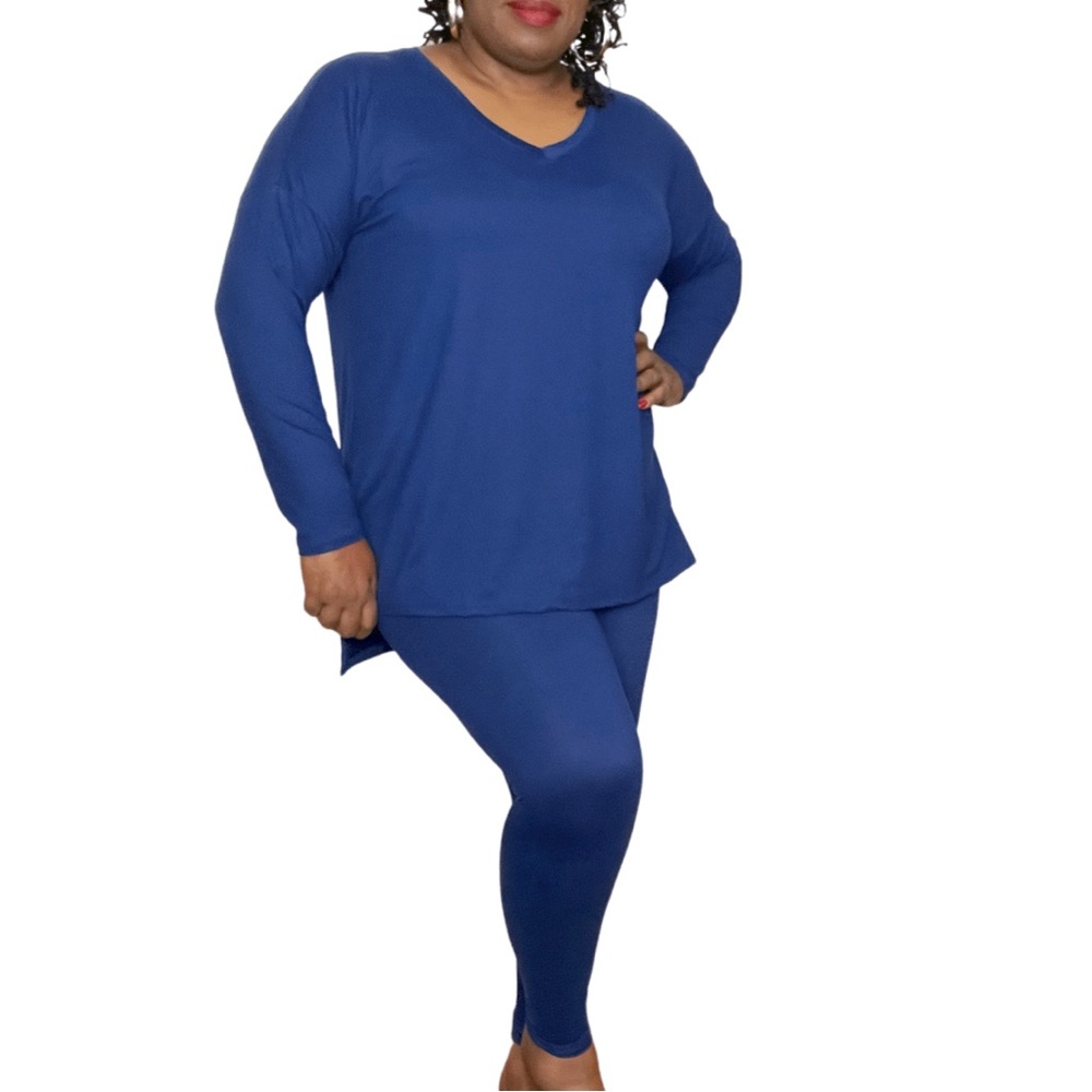 Plus Size Microfiber Long Sleeve Microfiber Top & Leggings Loungewear Set Blue